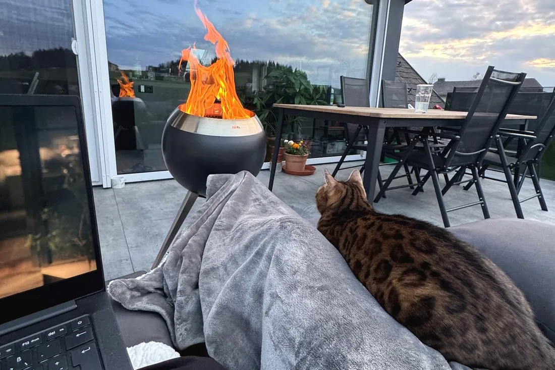 Bengalkatze auf der Terrasse neben einer Feuerschale am Abend